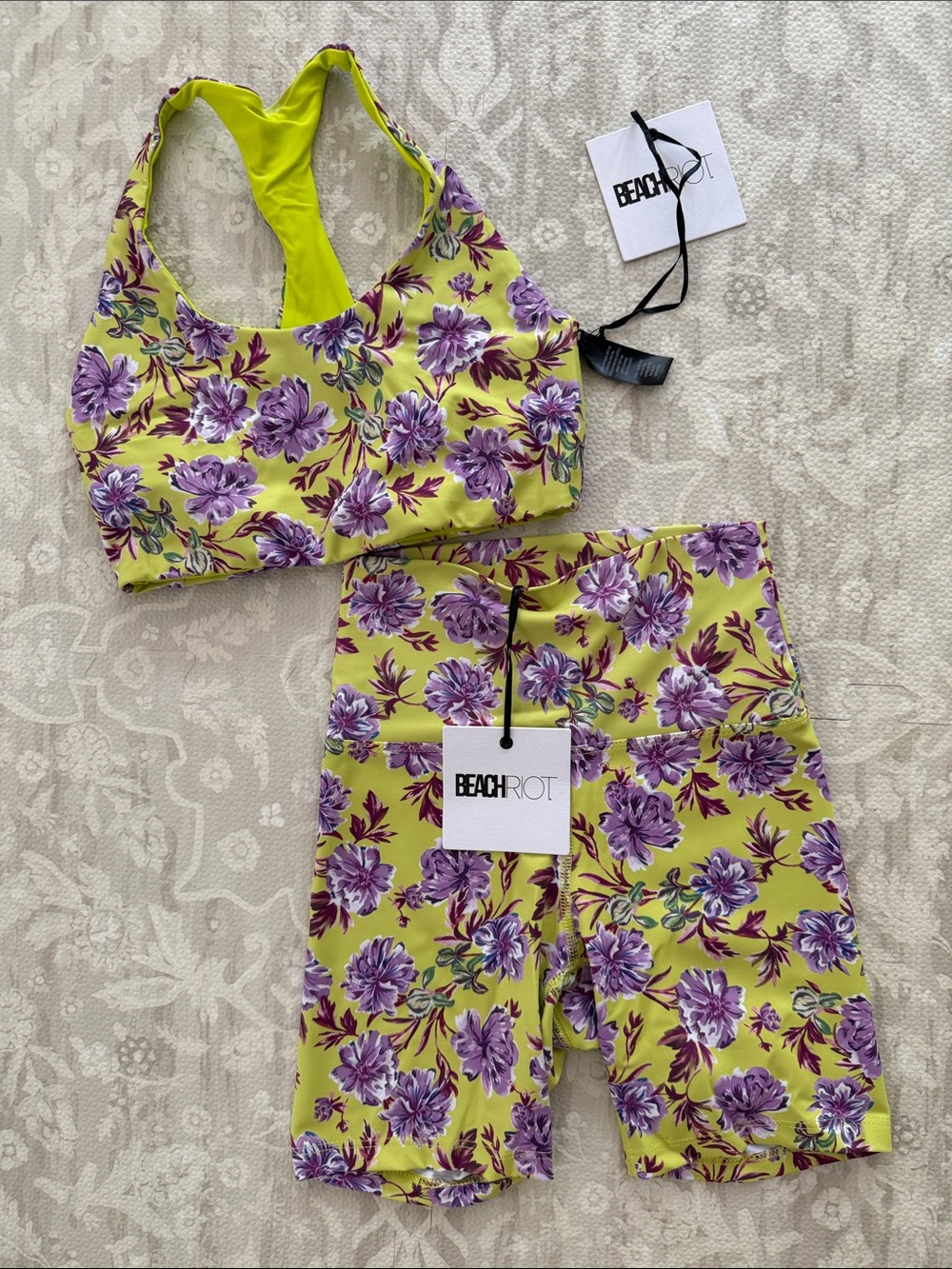 BEACH RIOT Lime Green & Purple Floral Active Set - Sports Bra and Biker Shorts